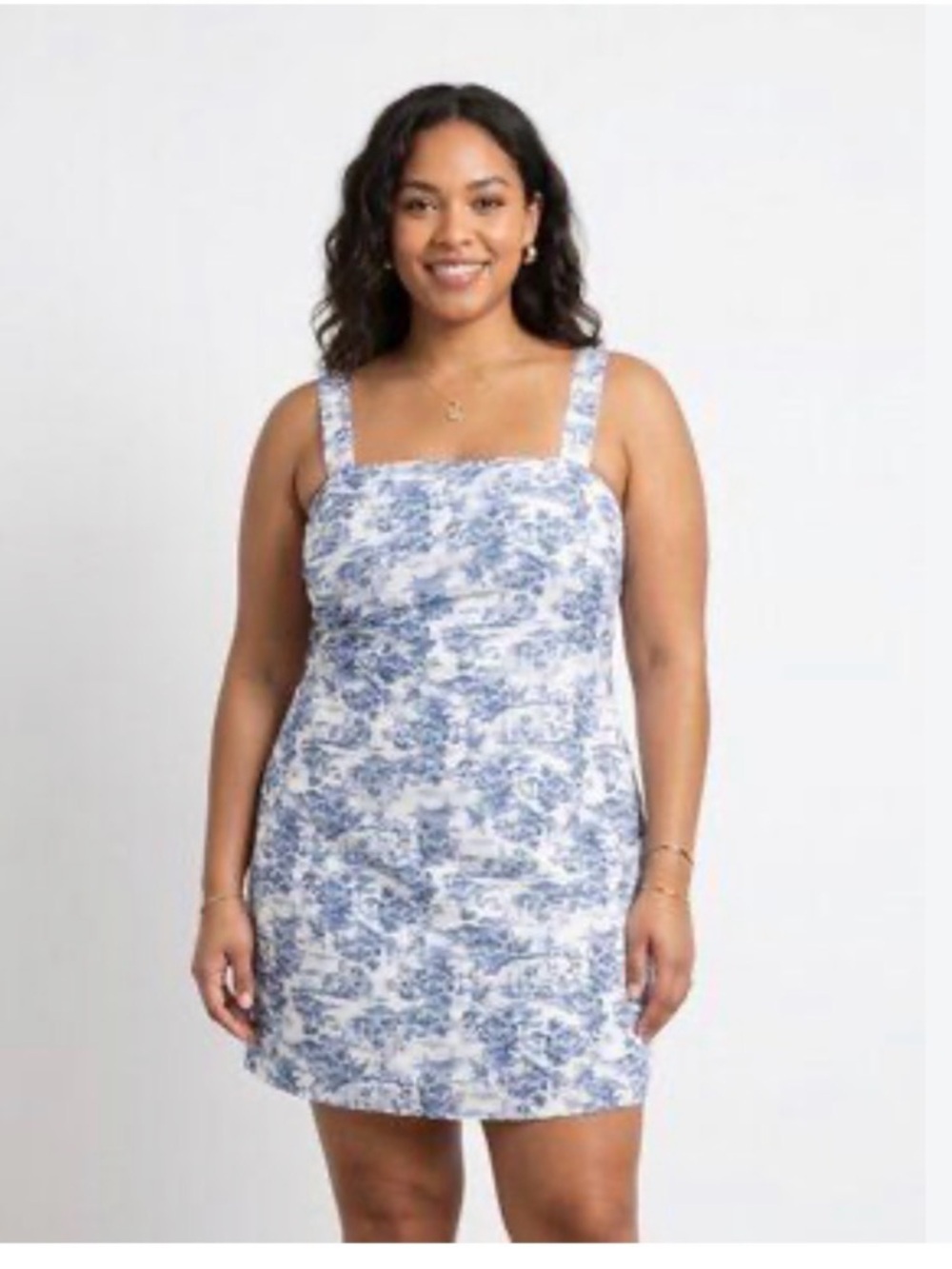 Abercrombie & Fitch Blue and white cotton and linen Square-Neck Mini Dress